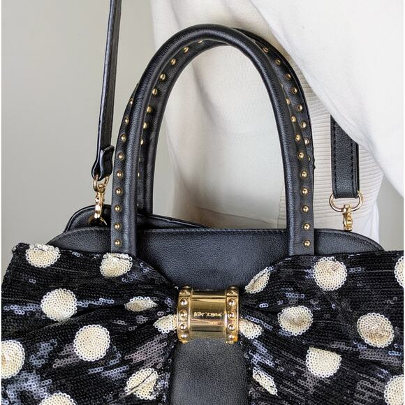 Betsey Johnson Sequin Polka Dot Bow Convertible Crossbody Satchel Bag Blk White - Picture 6 of 12